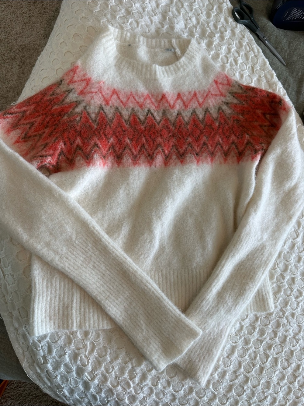 All Saints XS Wool Blend Cream Sweater with Pink Chevron Yoke *shrunk